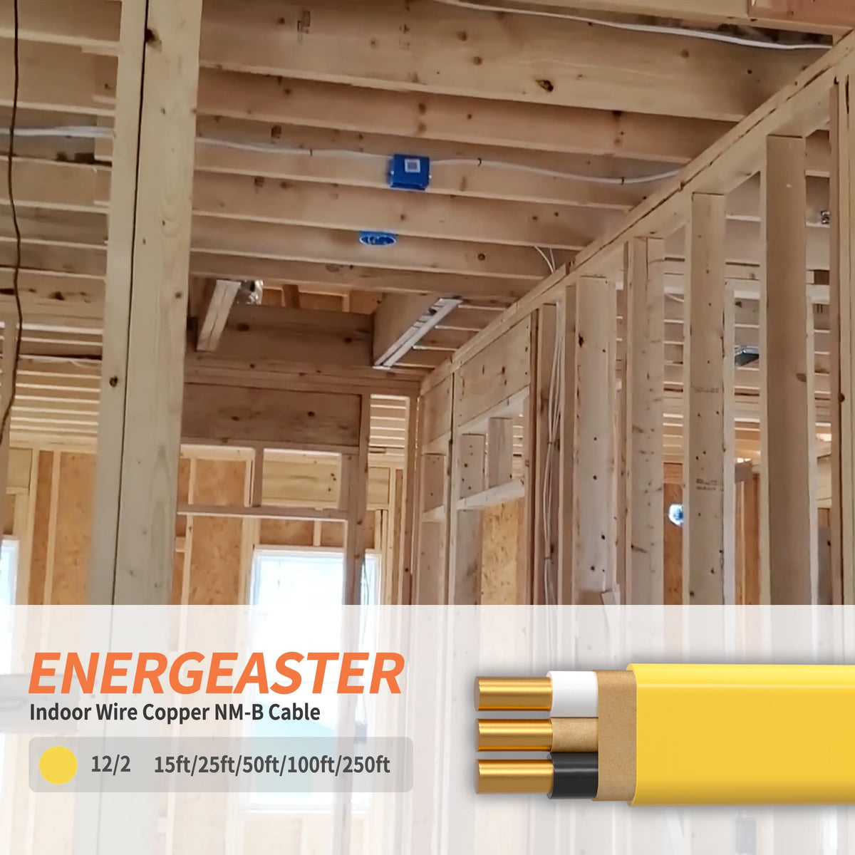 Energeaster yellow jacket NM-B cable for easy pulling and clear visibility.