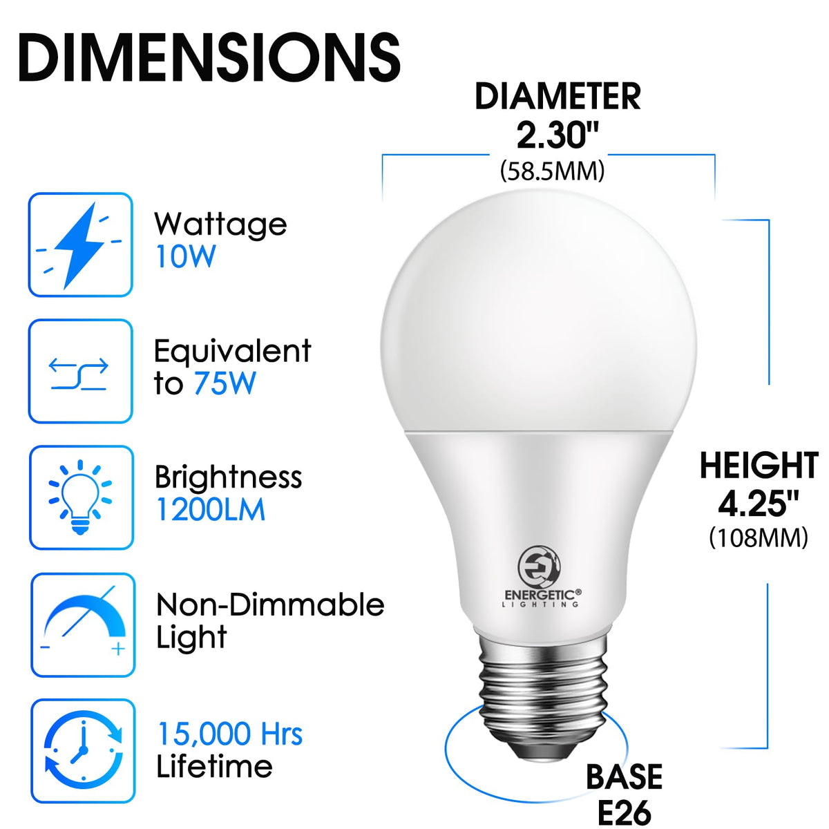 Energetic Lighting 1200lm A19 LED bulb close-up highlighting bright lumen output