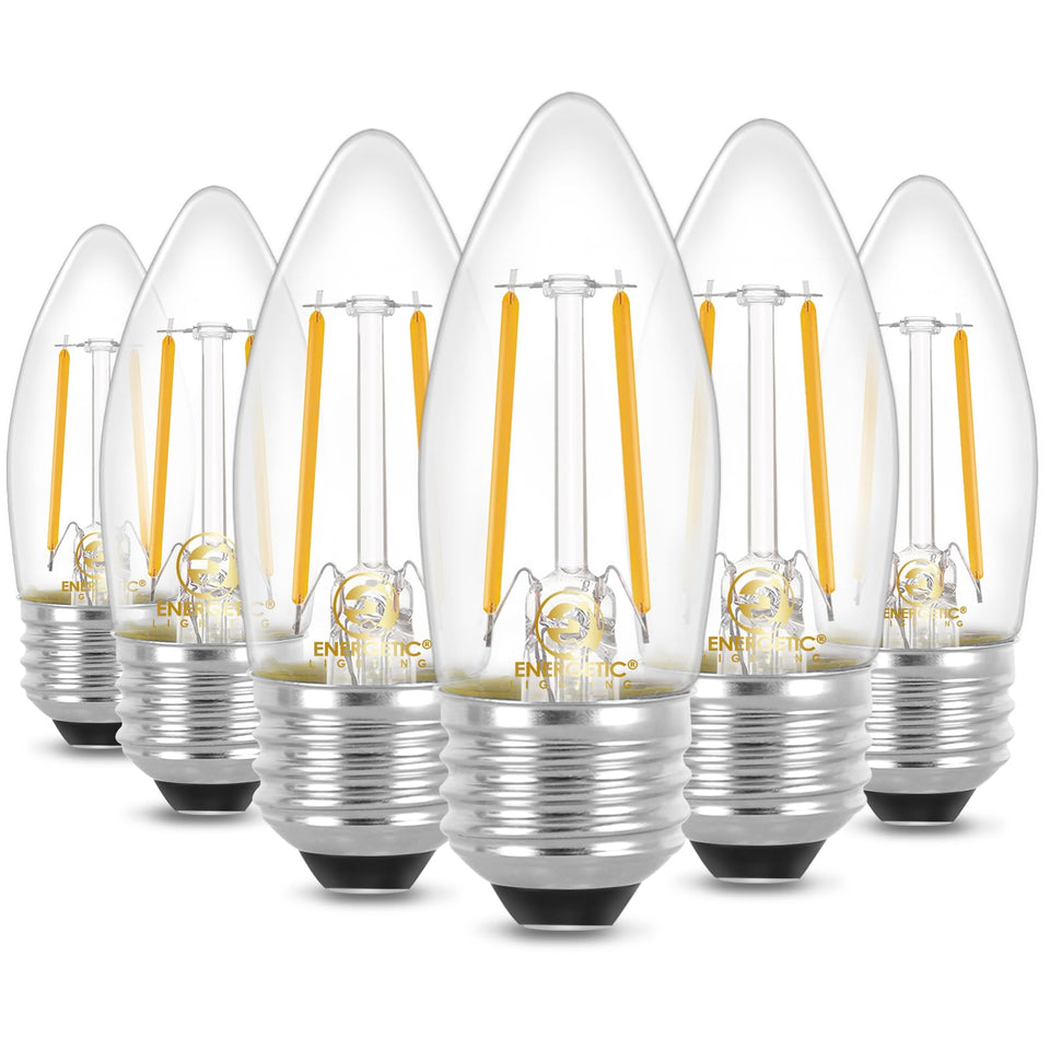 Energetic Lighting B10/B11 filament bulb angled view with warm ambiance