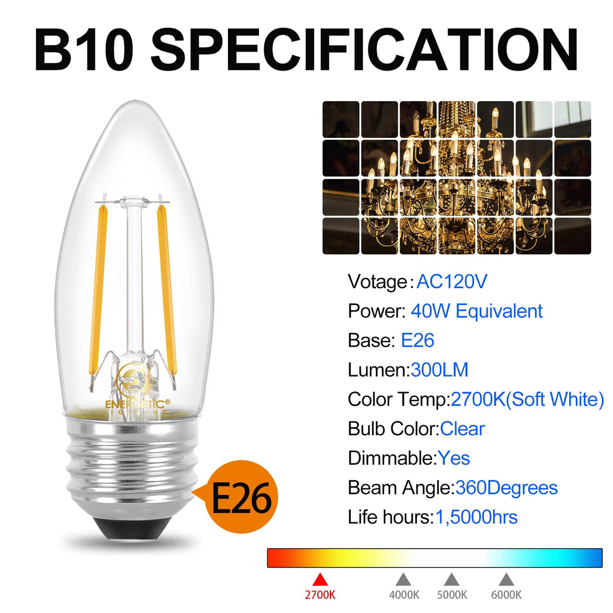 Energetic Lighting B10/B11 filament bulb emitting warm 2700K glow