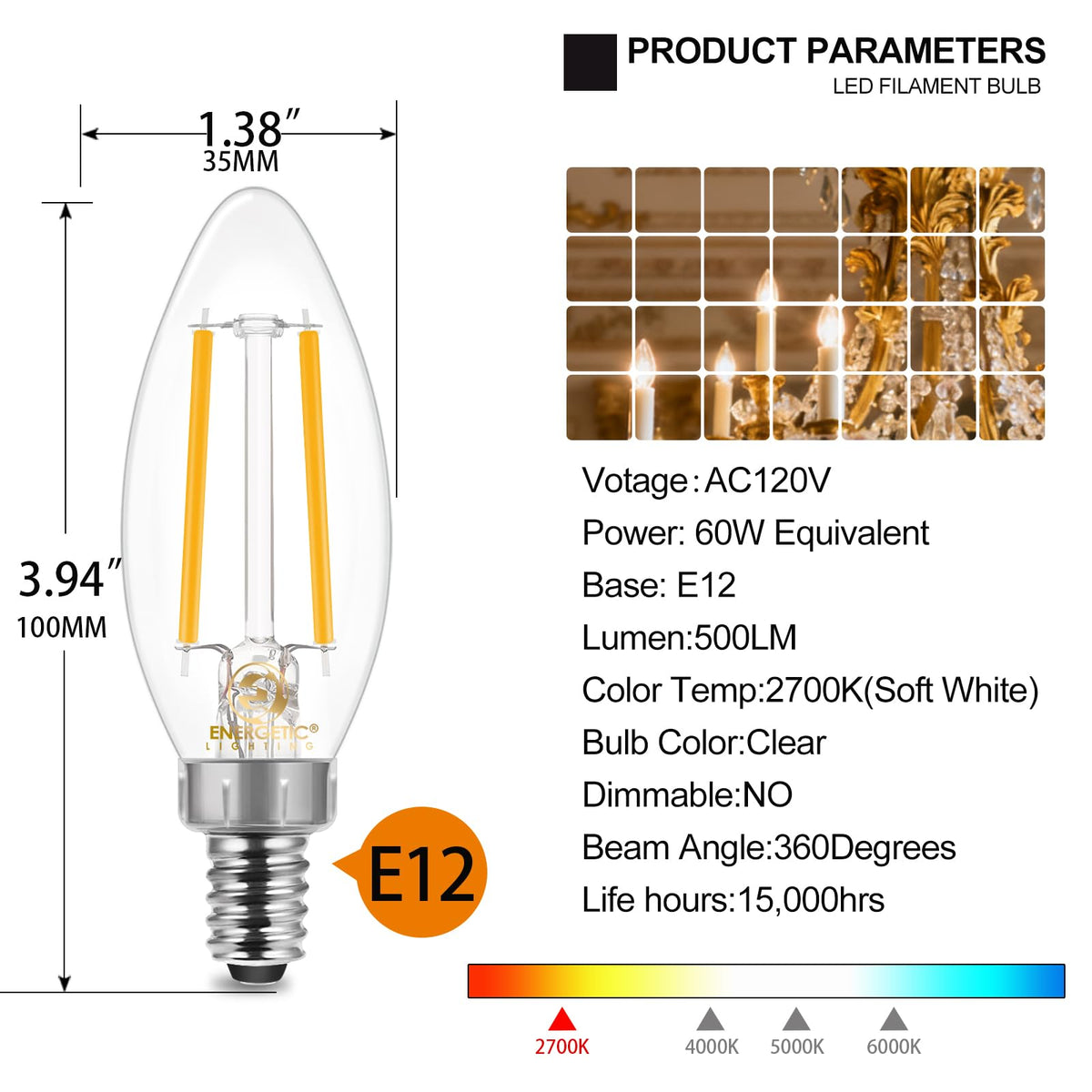 Energetic Lighting B11 LED bulb for outdoor use with 500 lumens.