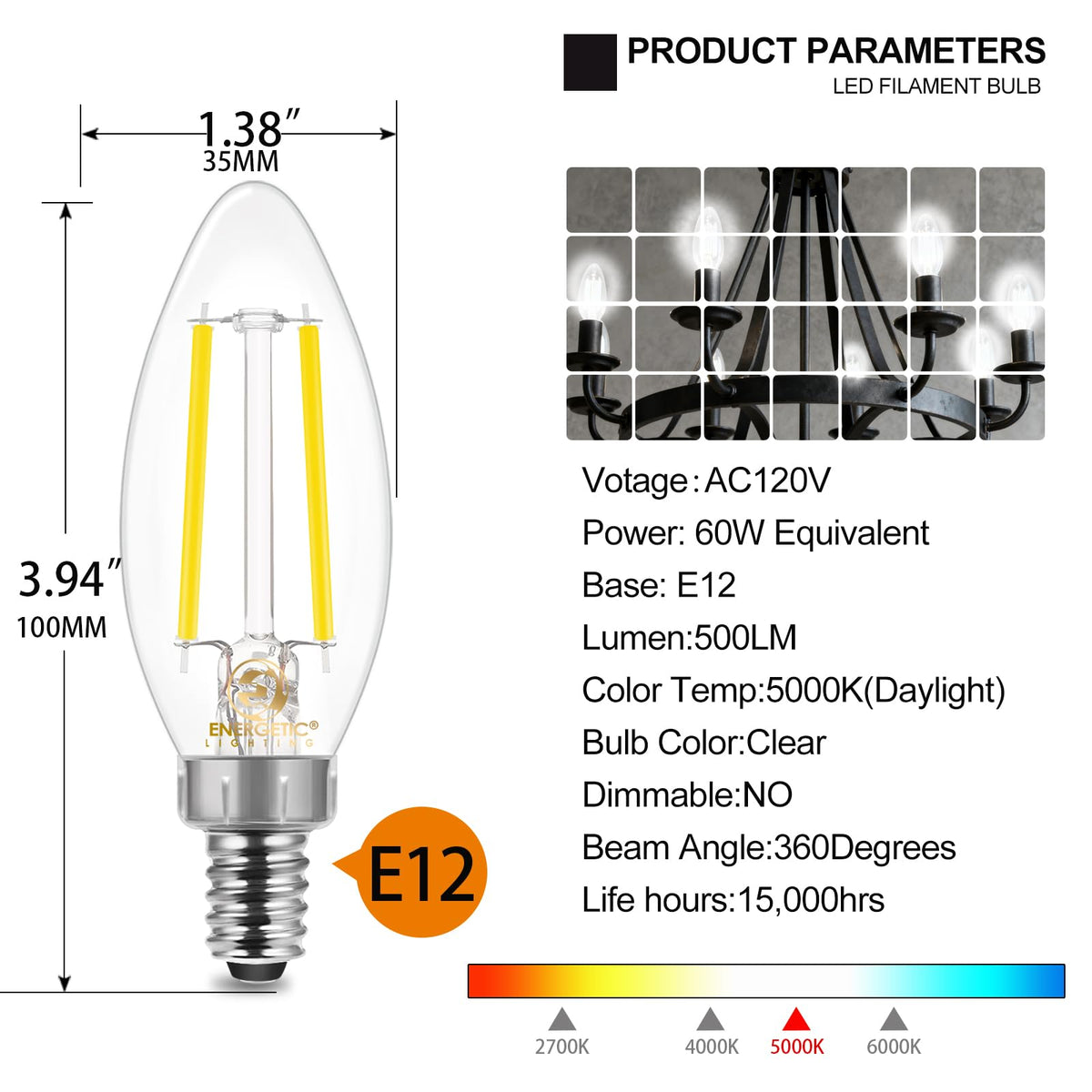 Energetic Lighting B11 LED bulbs with E12 base provide reliable night lighting in a garage.