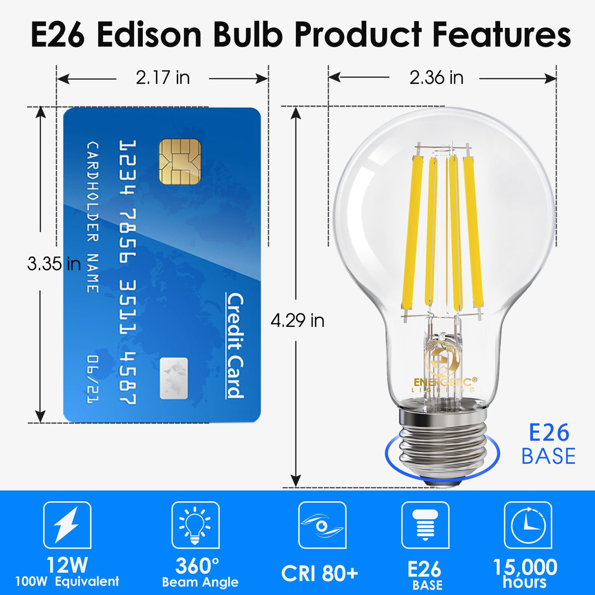 Energetic Lighting Edison filament bulb close-up shows bright 1600 lumens.