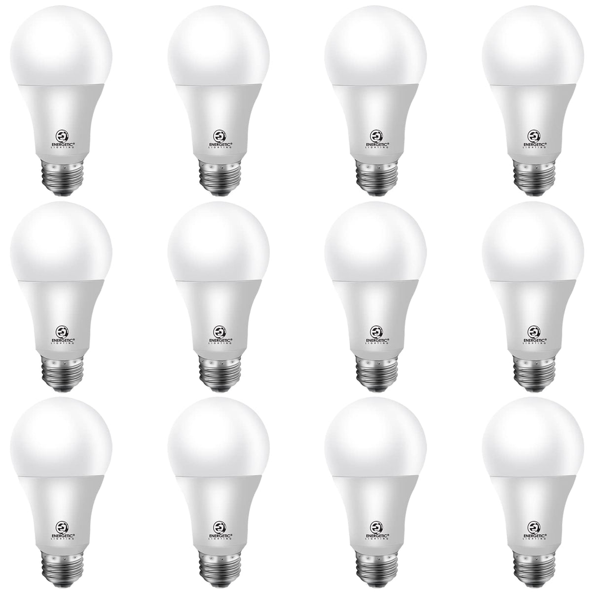 Energetic Lighting 12-pack 75W equivalent A19 LED bulbs pack-shot showing energy efficiency