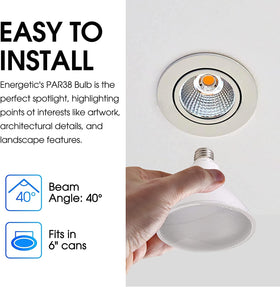 Energetic Lighting LED PAR38 bulb with E26 base delivers 10W efficiency and energy savings.