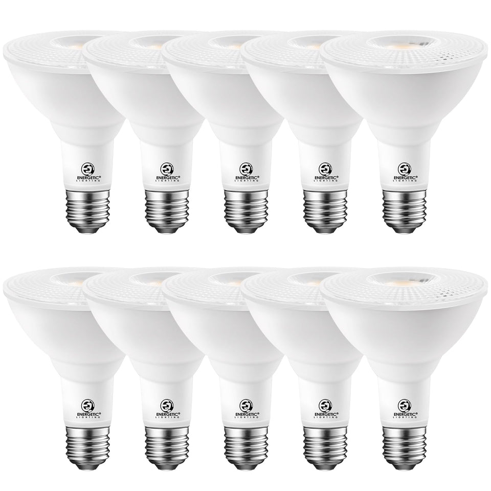Energetic Lighting PAR30 bulbs 10-pack for outdoor porch illumination.