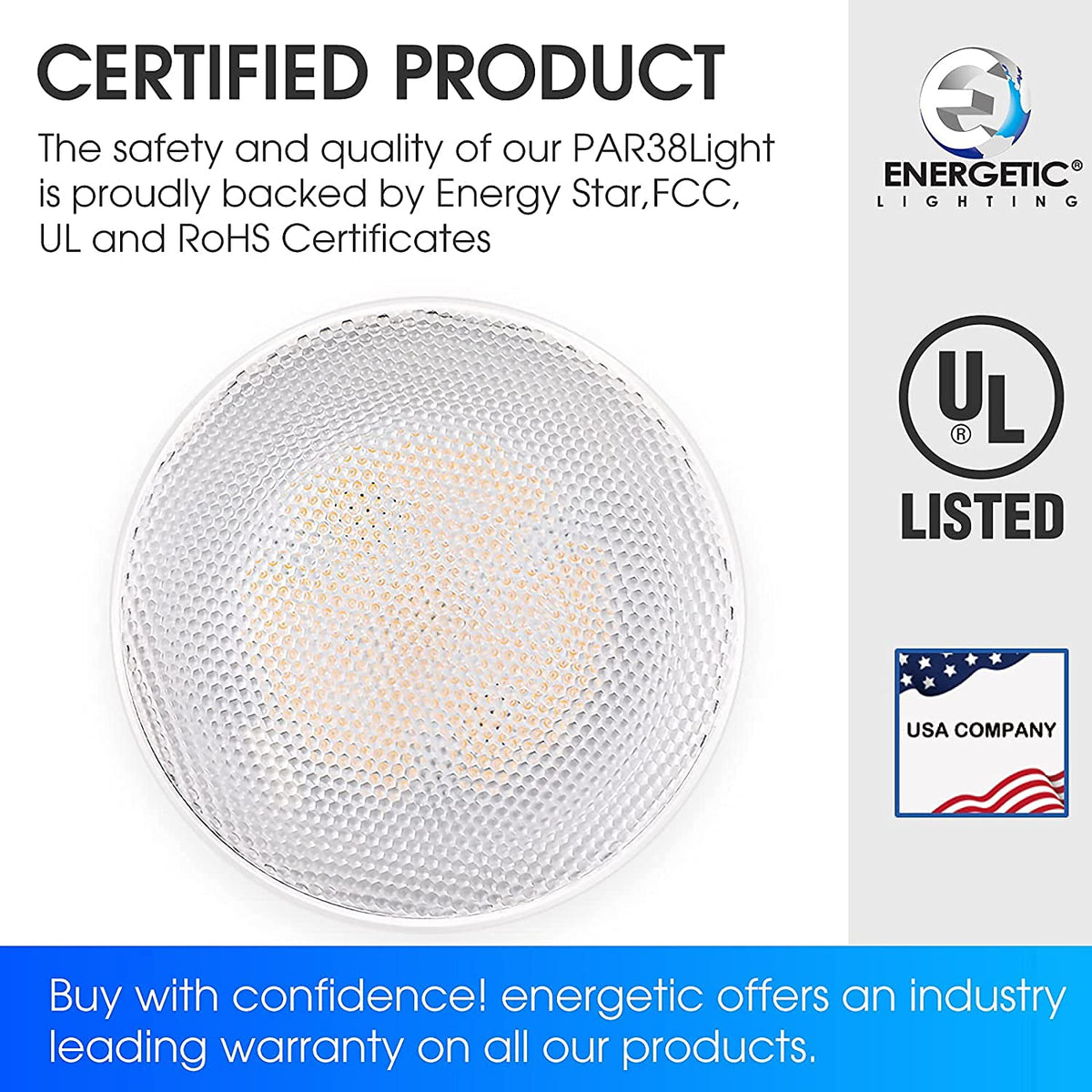 Energetic Lighting PAR38 bulb installed in an exterior fixture for reliable illumination.