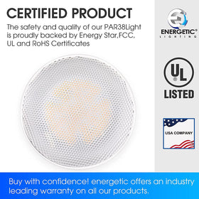 Energetic Lighting PAR38 bulb installed in an exterior fixture for reliable illumination.