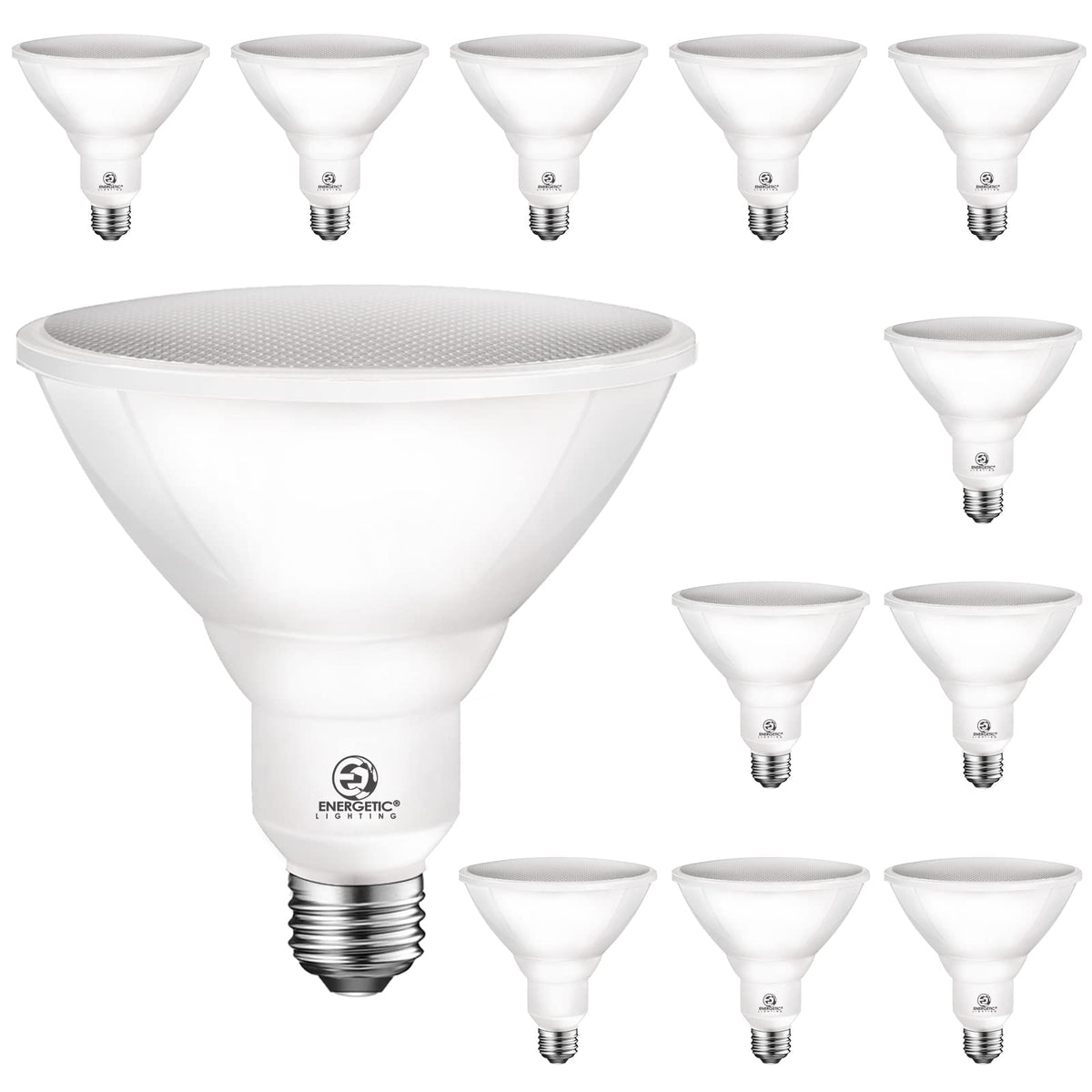 Energetic Lighting PAR38 outdoor LED flood bulb with 5000K daylight and 900 lumens.