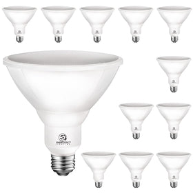 Energetic Lighting PAR38 outdoor LED flood bulb with 5000K daylight and 900 lumens.
