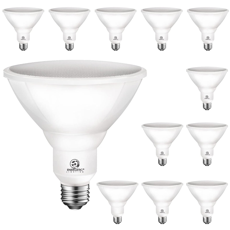 Energetic Lighting PAR38 outdoor LED flood bulb with 5000K daylight and 900 lumens.