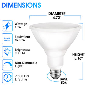 Energetic Lighting PAR38 outdoor flood bulb shown in a wet-rated outdoor setup.
