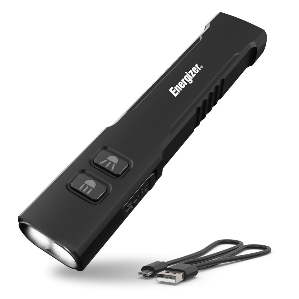 Energizer 1200SL-R flat flashlight with clip enables pocket-ready portability.