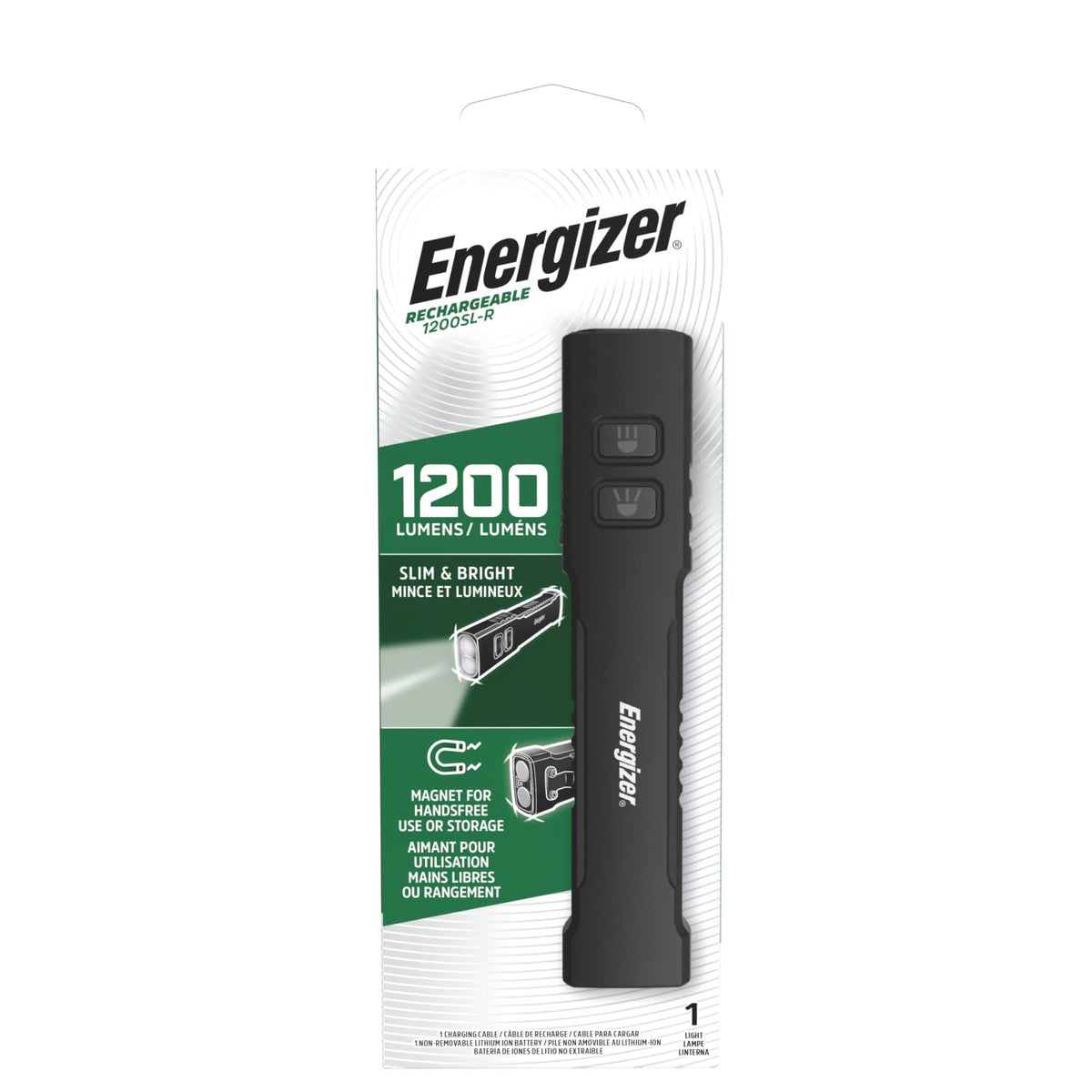 Energizer 1200SL-R magnet provides hands-free positioning on metal surfaces.