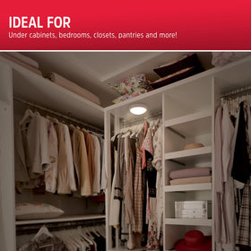 Energizer LED tap light provides soft white illumination for shelves.