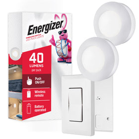 Energizer puck lights 2-pack front package view for quick under-cabinet lighting