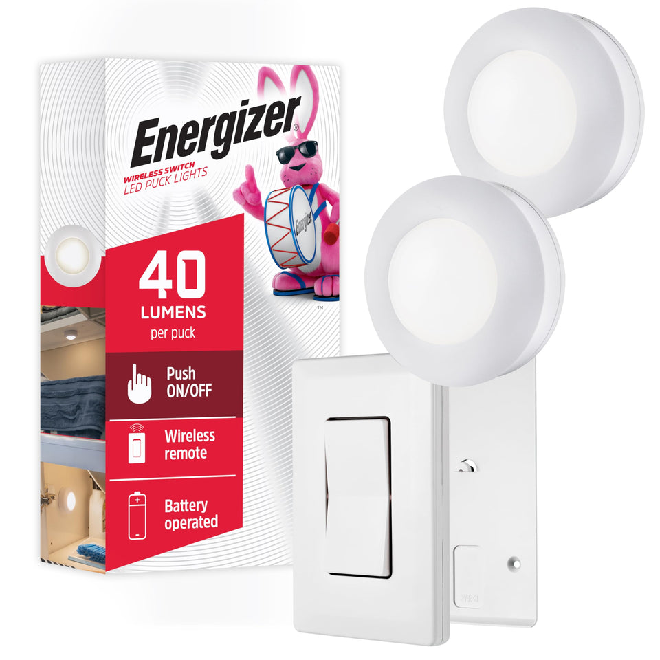 Energizer puck lights 2-pack front package view for quick under-cabinet lighting