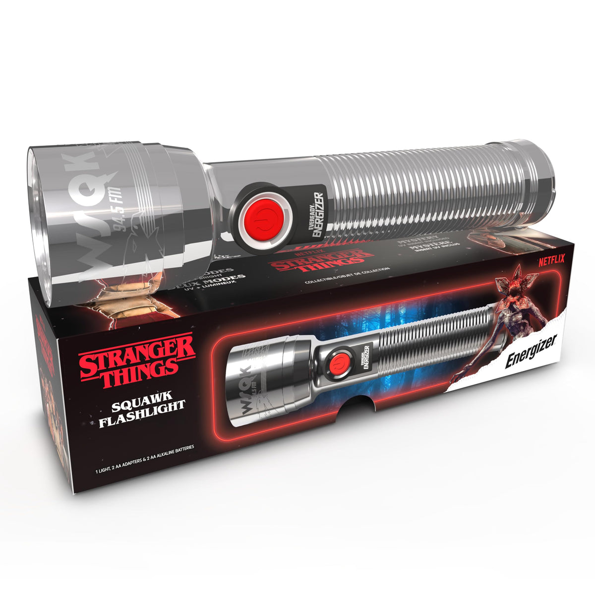 Energizer Stranger Things Squawk flashlight front view with retro styling and reliable brightness for camping