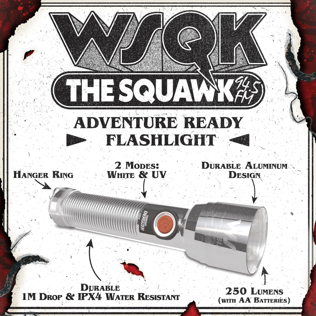 Energizer Stranger Things Squawk flashlight showing IPX4 resistance for rain and splashes