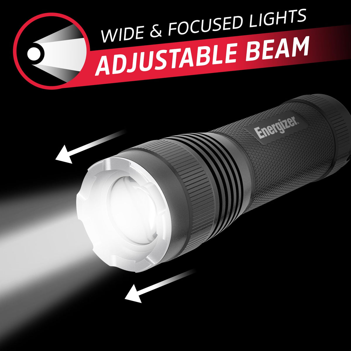 Energizer T-300 flashlight manual focus for adjustable beam.