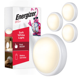 Energizer tap light with press lens to turn on or off for instant lighting in tight spaces.