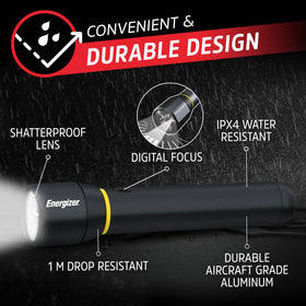 Energizer Vision PRO IPX4 water resistance protects against rain and splashes.