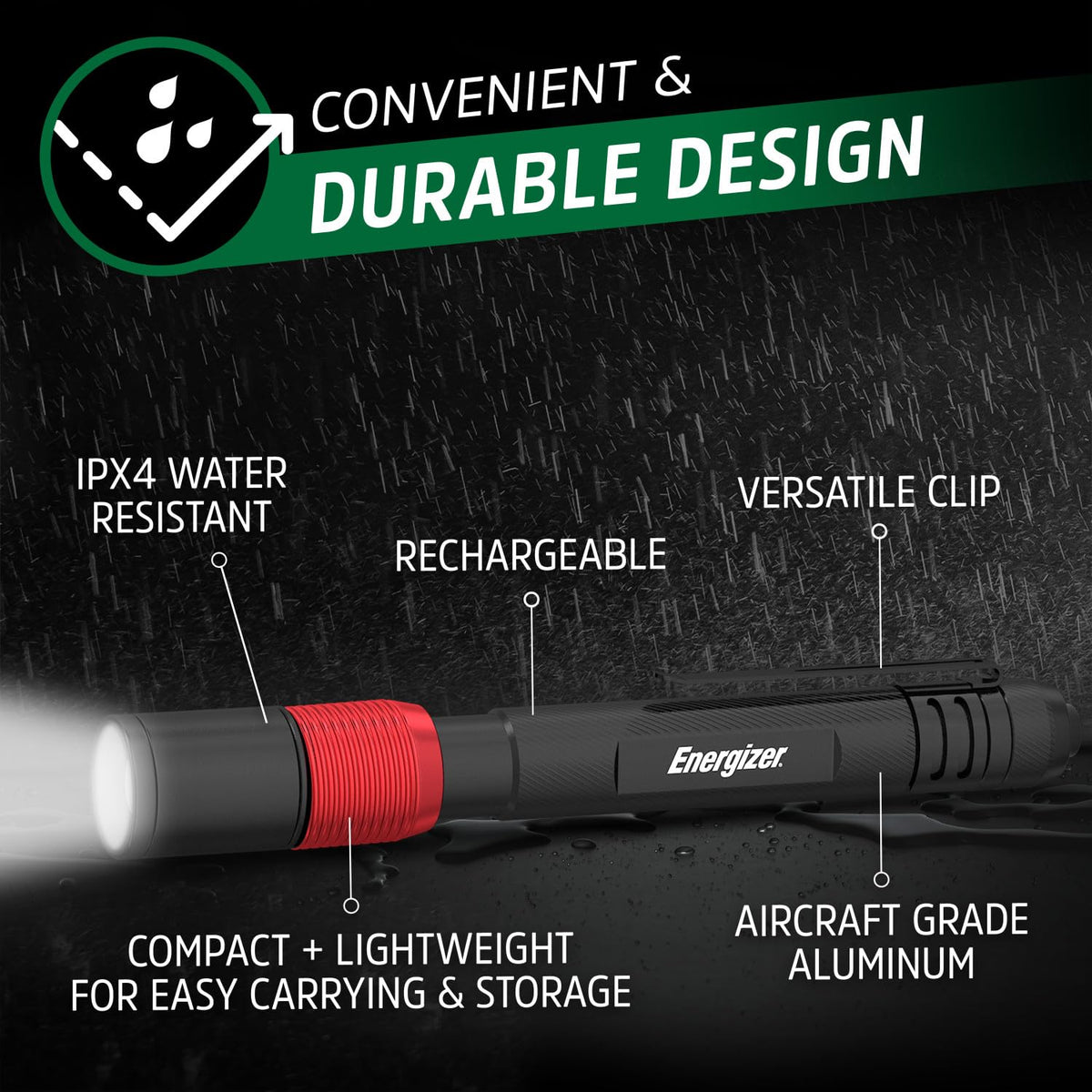 Energizer X-400 pen light tail switch for one-handed use.