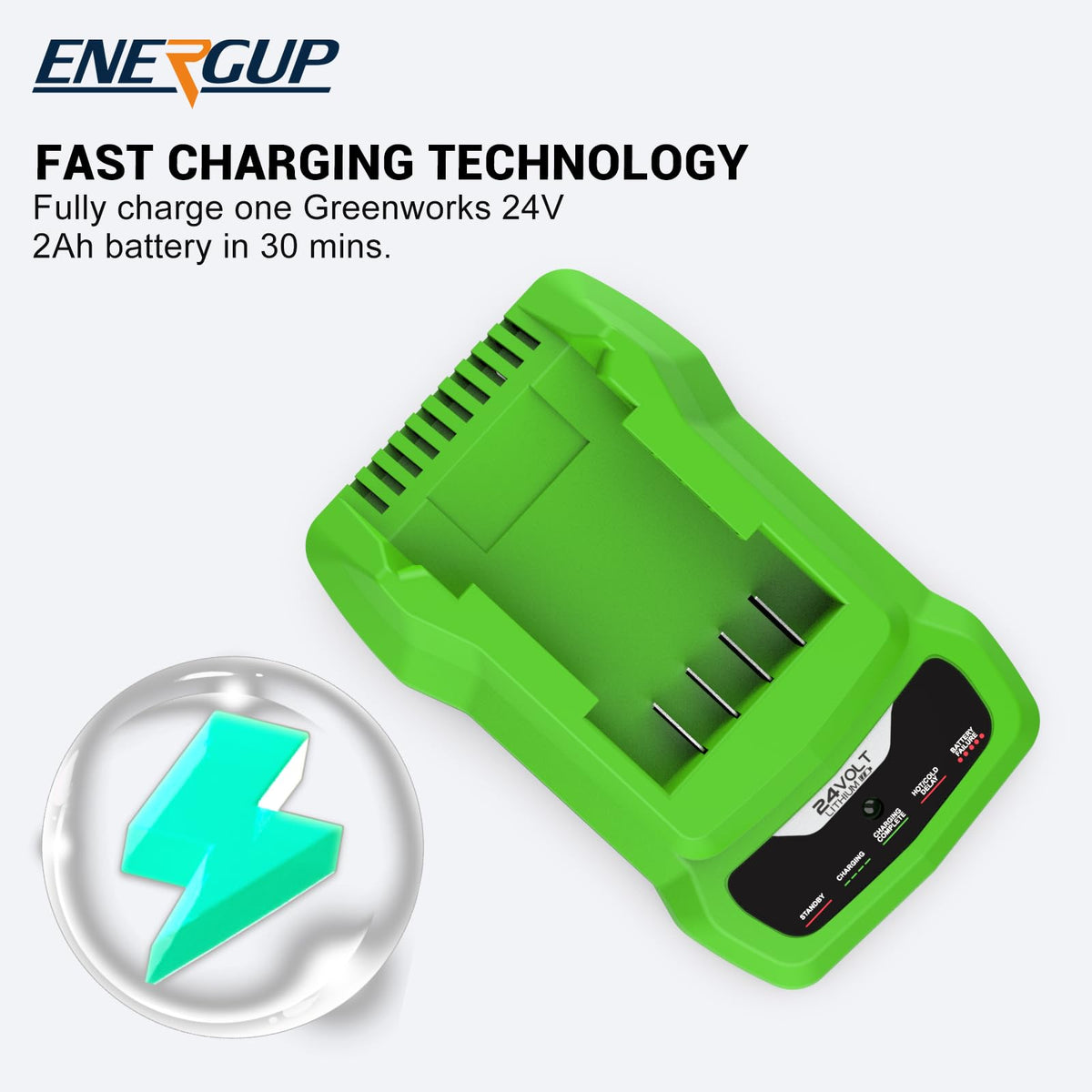 Energup 24V CAF806 charger LED indicators visible for status.