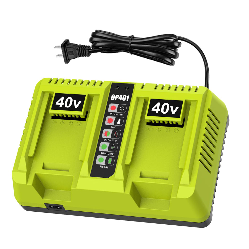 energup OP401 dual-port charger front view enables charging two batteries simultaneously