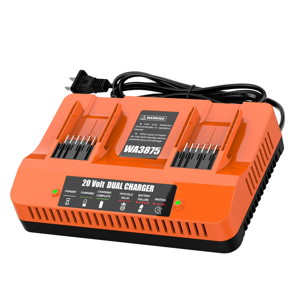 Energup 2Port WA3875 charger front view showing dual ports for fast charging two batteries.