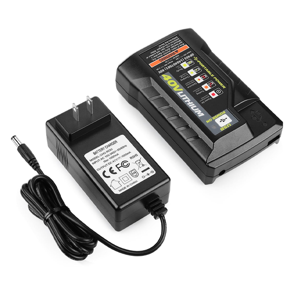 energup OP404 side view shows a slim, portable charger for Ryobi 40V batteries
