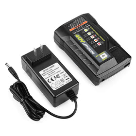 energup OP404 side view shows a slim, portable charger for Ryobi 40V batteries