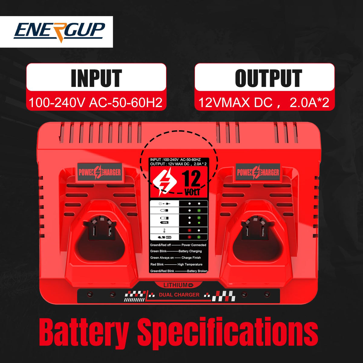 Energup charges two Milwaukee batteries at once for reduced downtime.