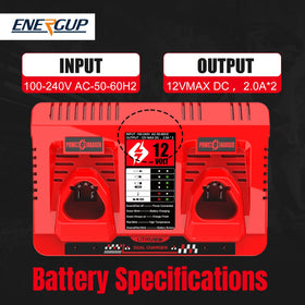Energup charges two Milwaukee batteries at once for reduced downtime.