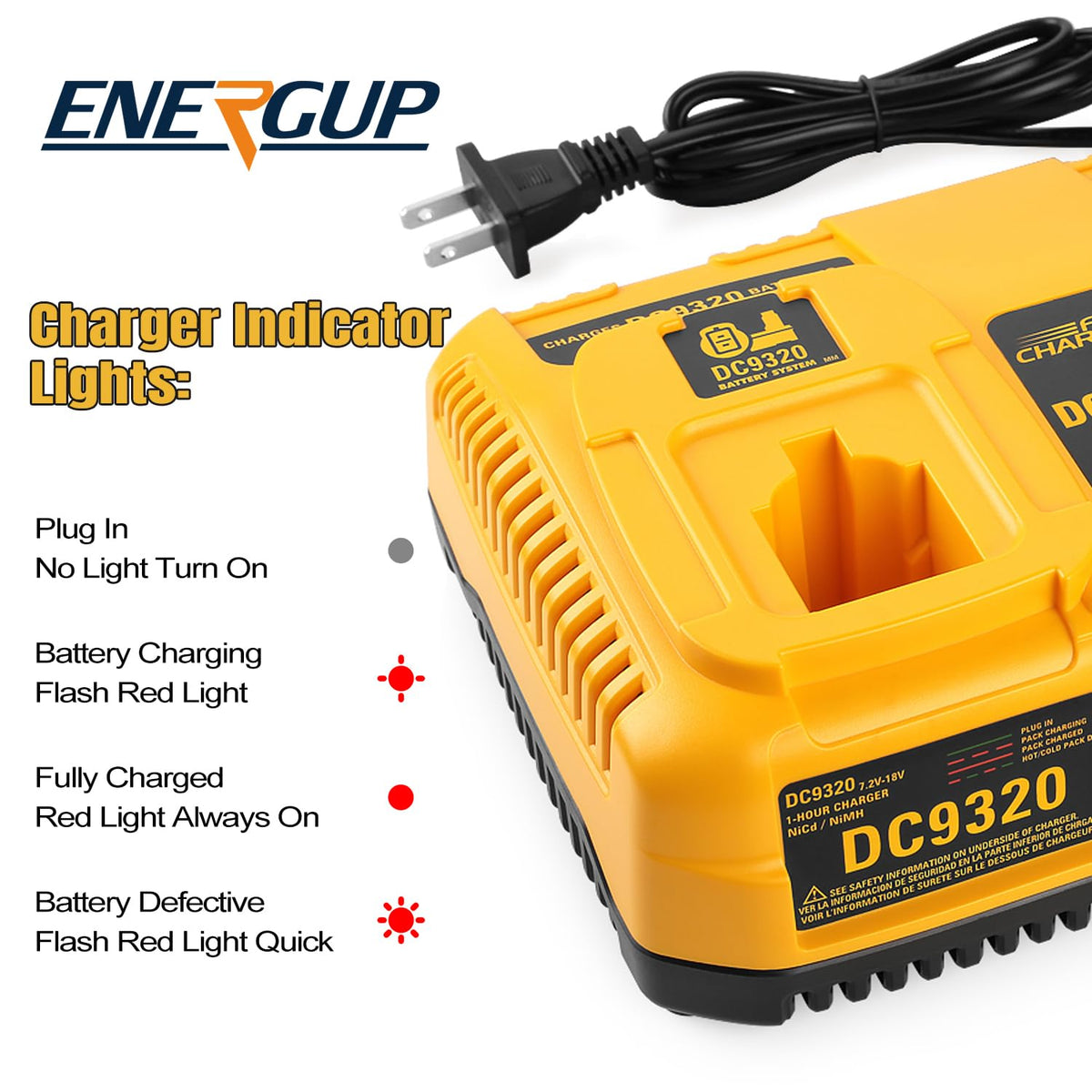 Energup DC9320 dual charger LED indicators displaying charging status