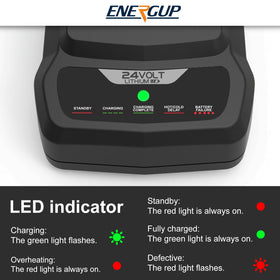 Energup Greenworks 24V battery being charged during use.