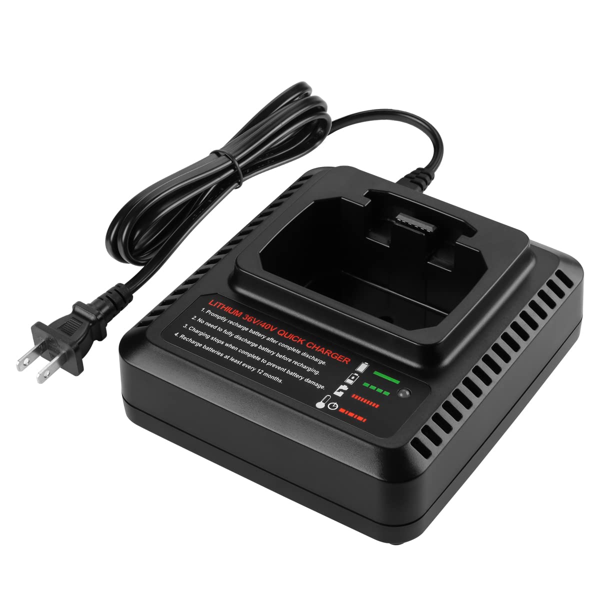 Energup LCS40 fast charger front view powers Black Decker 40V batteries quickly