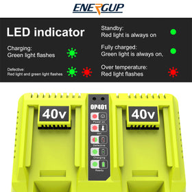 energup OP401 LED indicator close-up displaying charge status at a glance