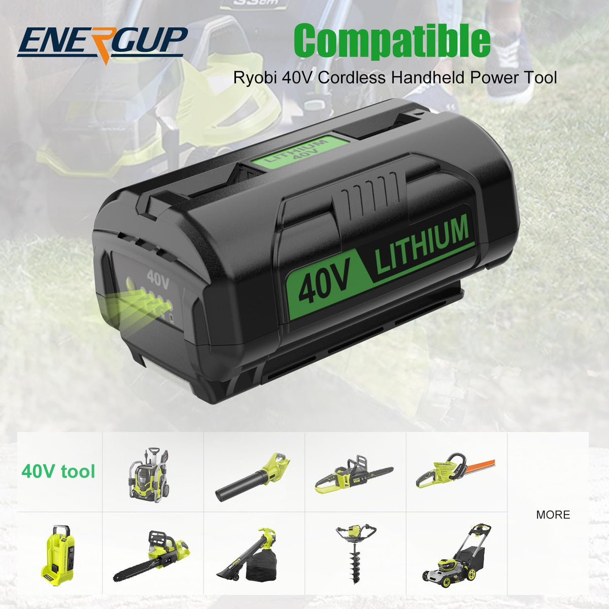 energup Ryobi 40V battery LED indicator shows charge level