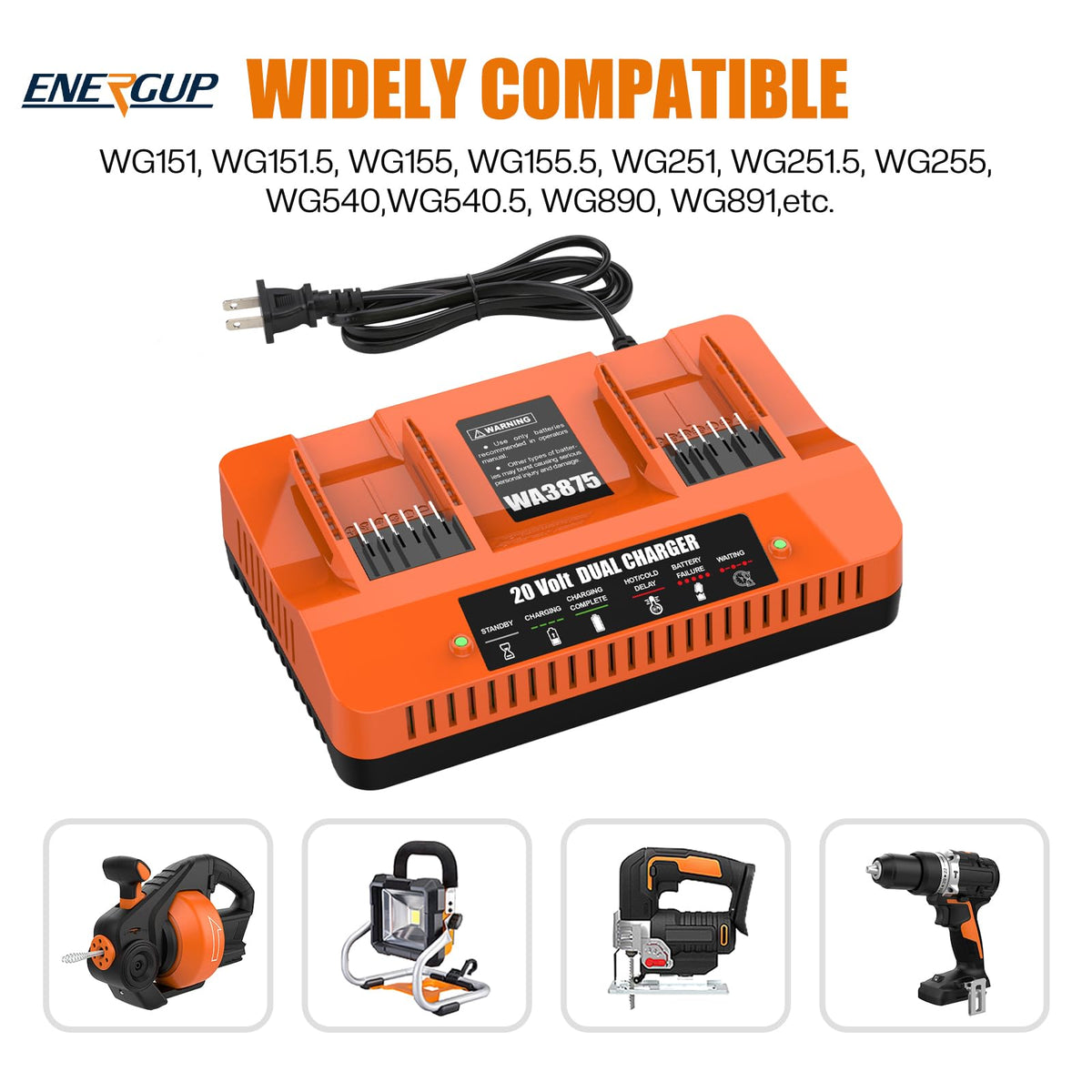 Energup WA3875 compatible with Worx 20V WA3520 and WA3525 for flexible use.