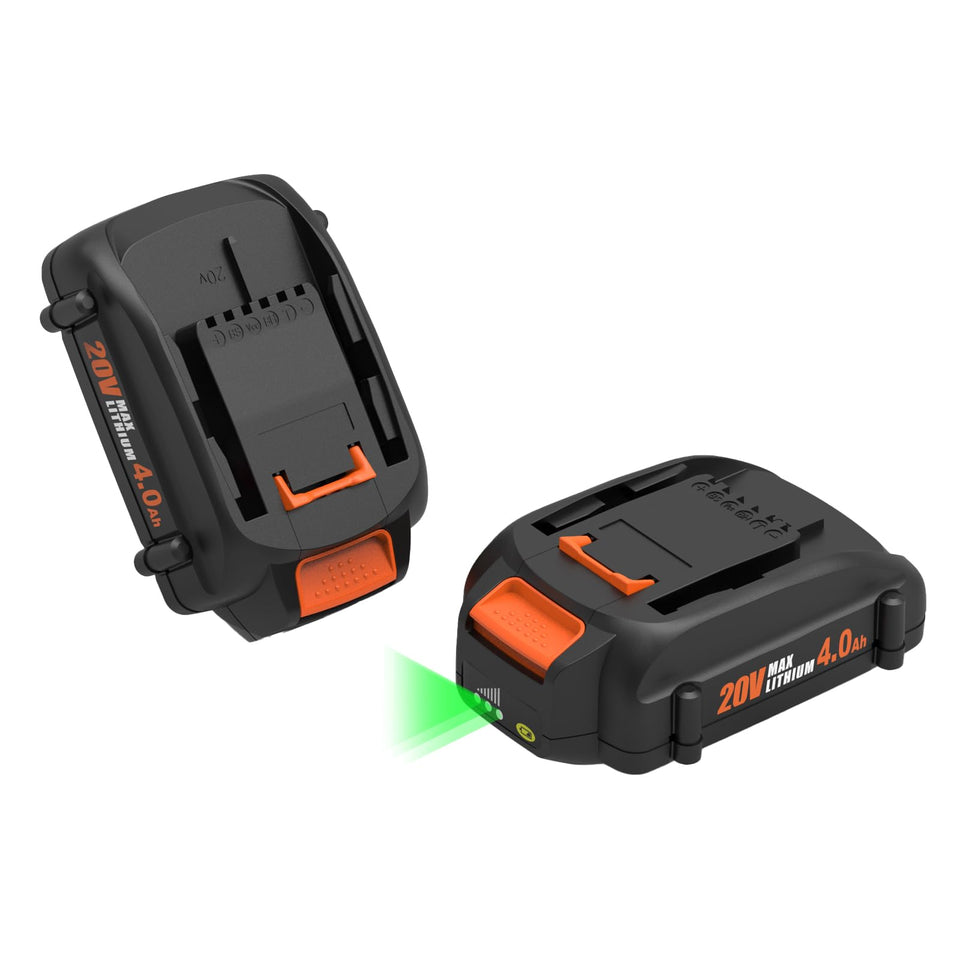 energup Worx 20V battery 2-pack front view shows compact, lightweight design for easier use