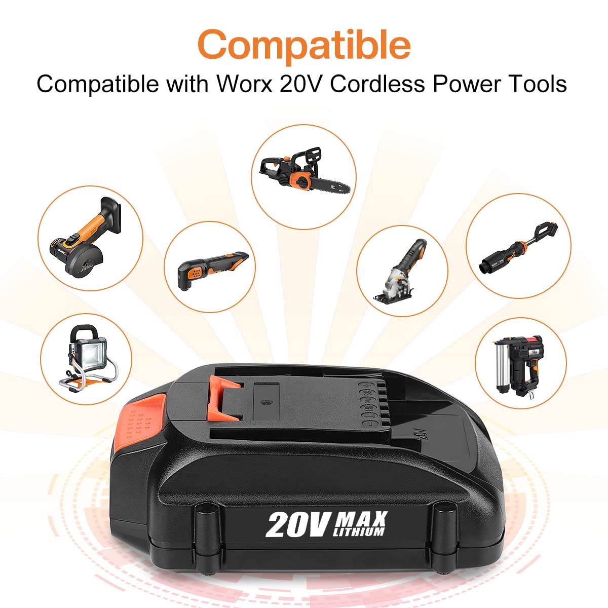 energup Worx 20V battery 2-pack label detail emphasizes safety and capacity indicator