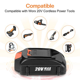 energup Worx 20V battery 2-pack label detail emphasizes safety and capacity indicator