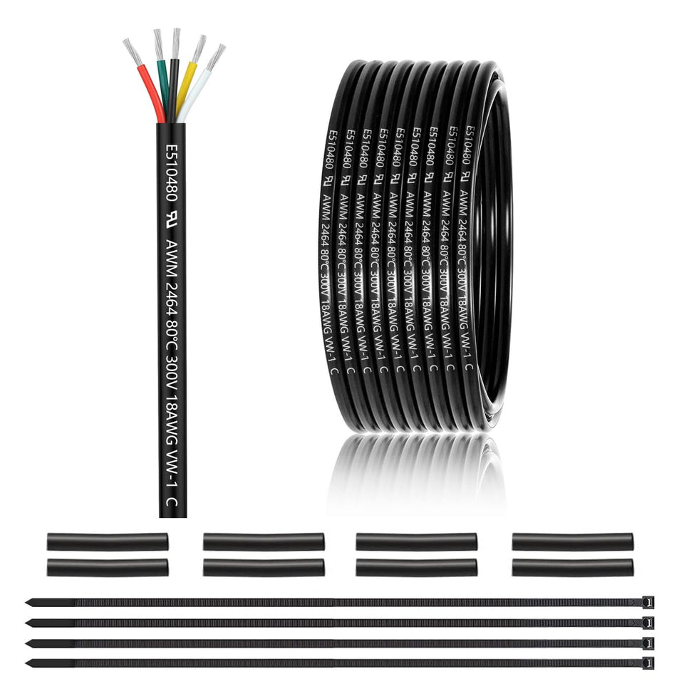 ENERJOUR 18 AWG 5-conductor wire close-up shows tinned copper strands for flexibility