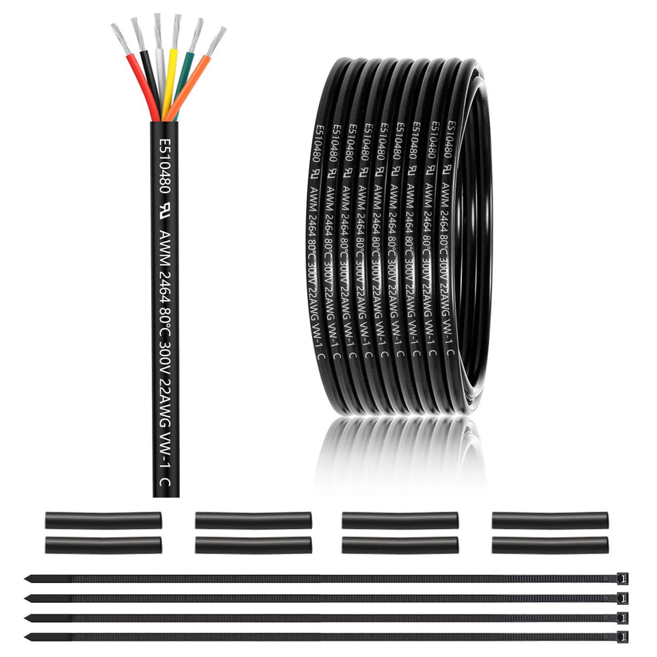 Enerjour 22AWG 6-conductor wire with black PVC jacket for low-voltage use.