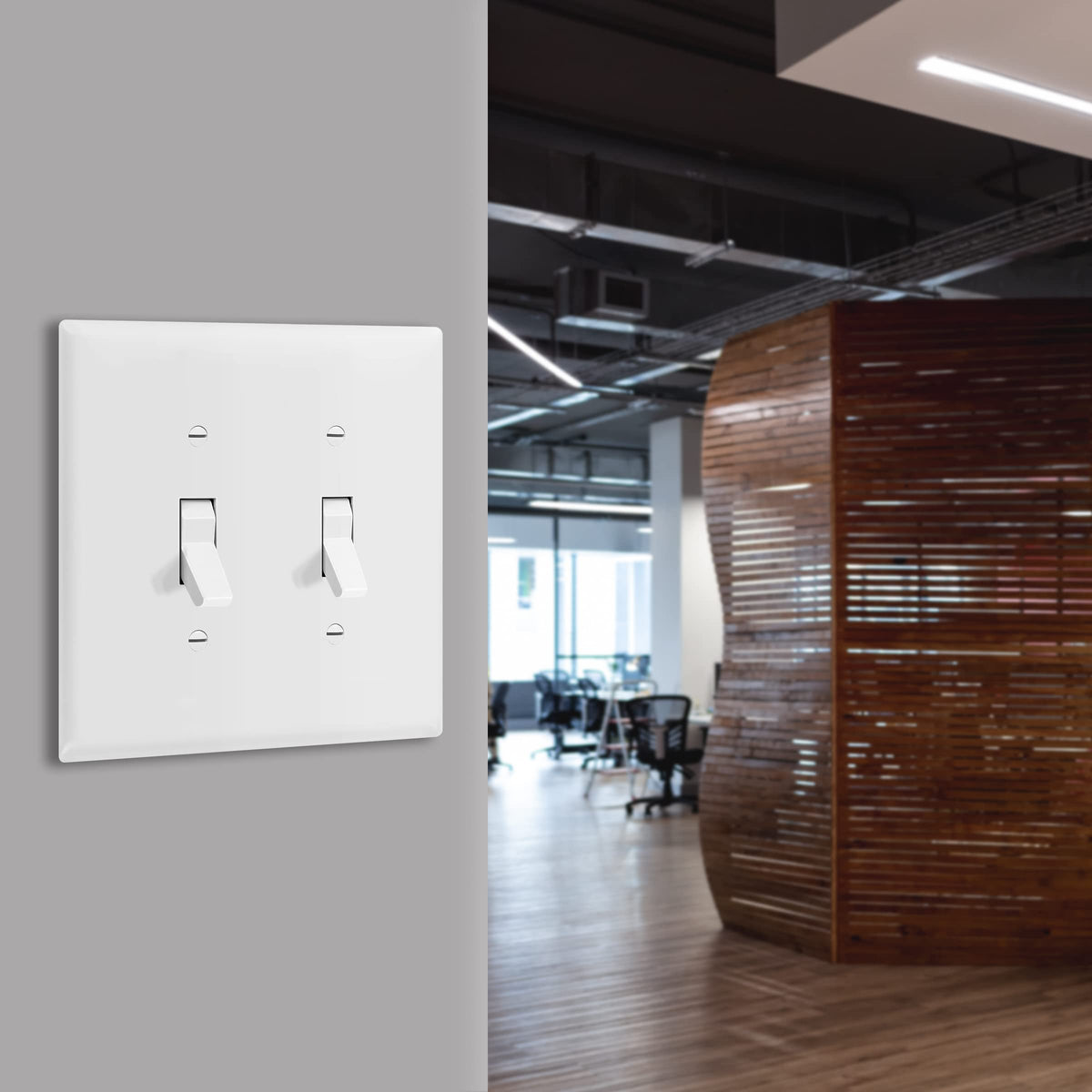 2-gang ENERLITES wall plate fits standard configurations and outlets.