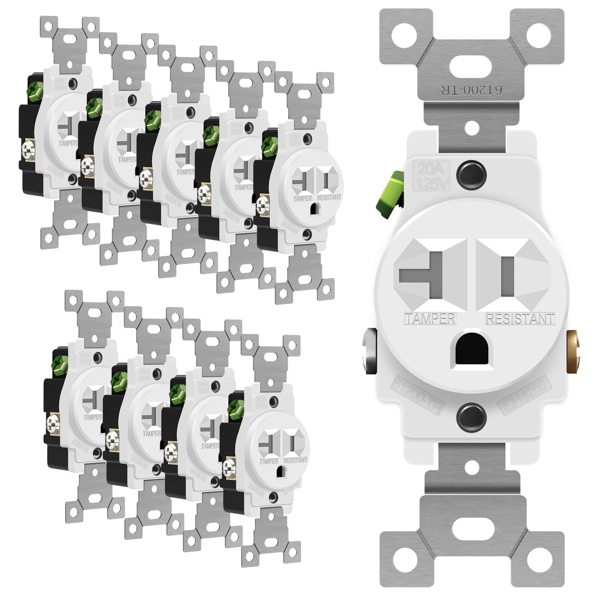 Enerlites 61200-TR-W outlet front view with tamper-resistant design.