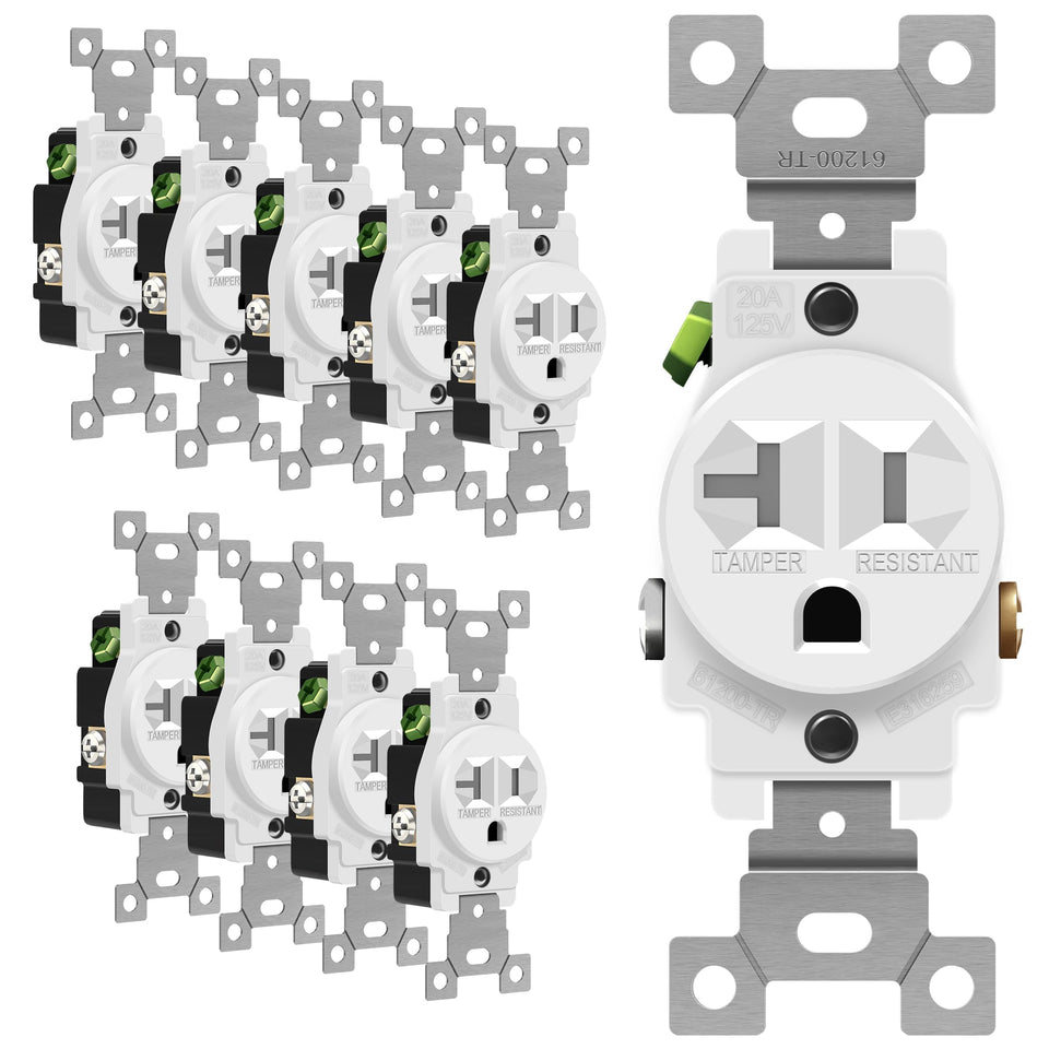 Enerlites 61200-TR-W outlet front view with tamper-resistant design.