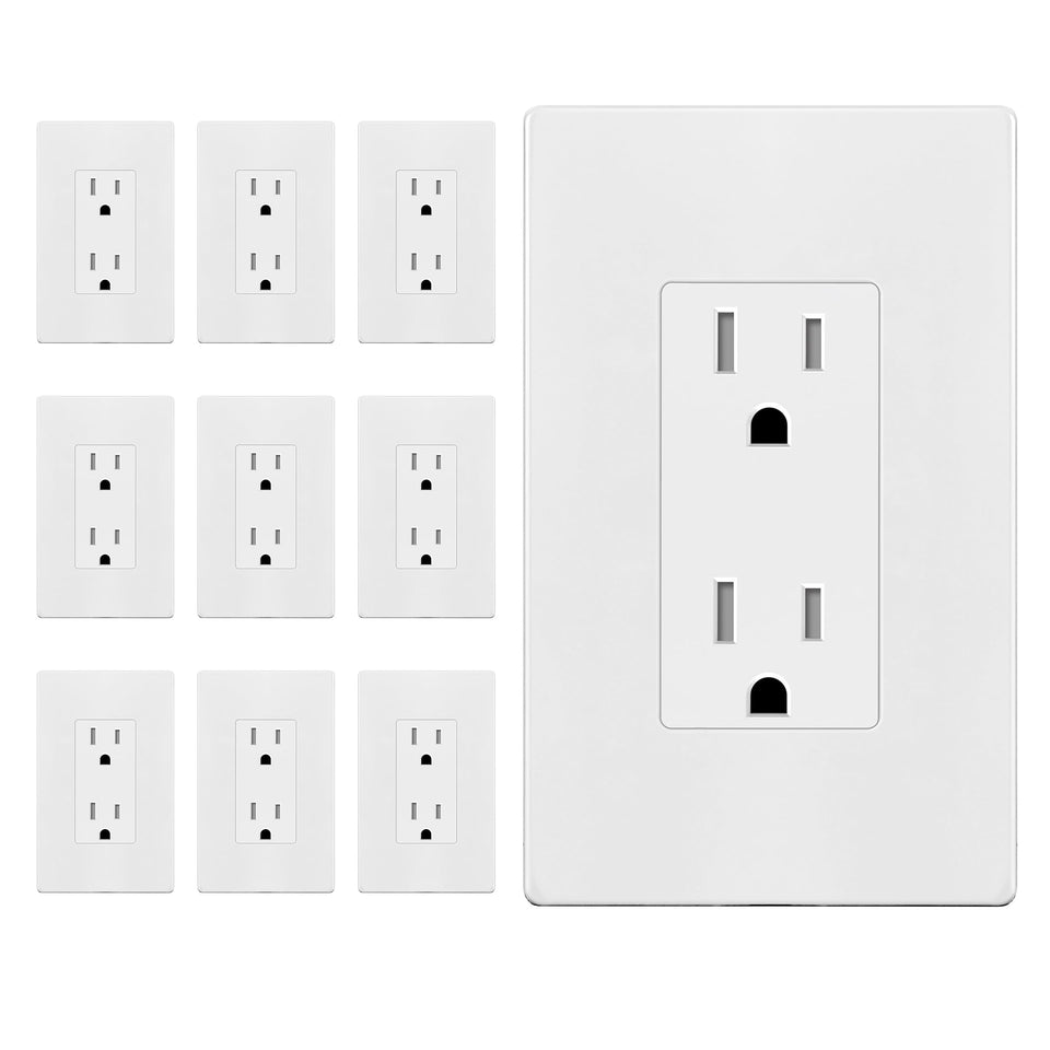 Enerlites decorator receptacle with screwless white wall plate for a sleek finish.