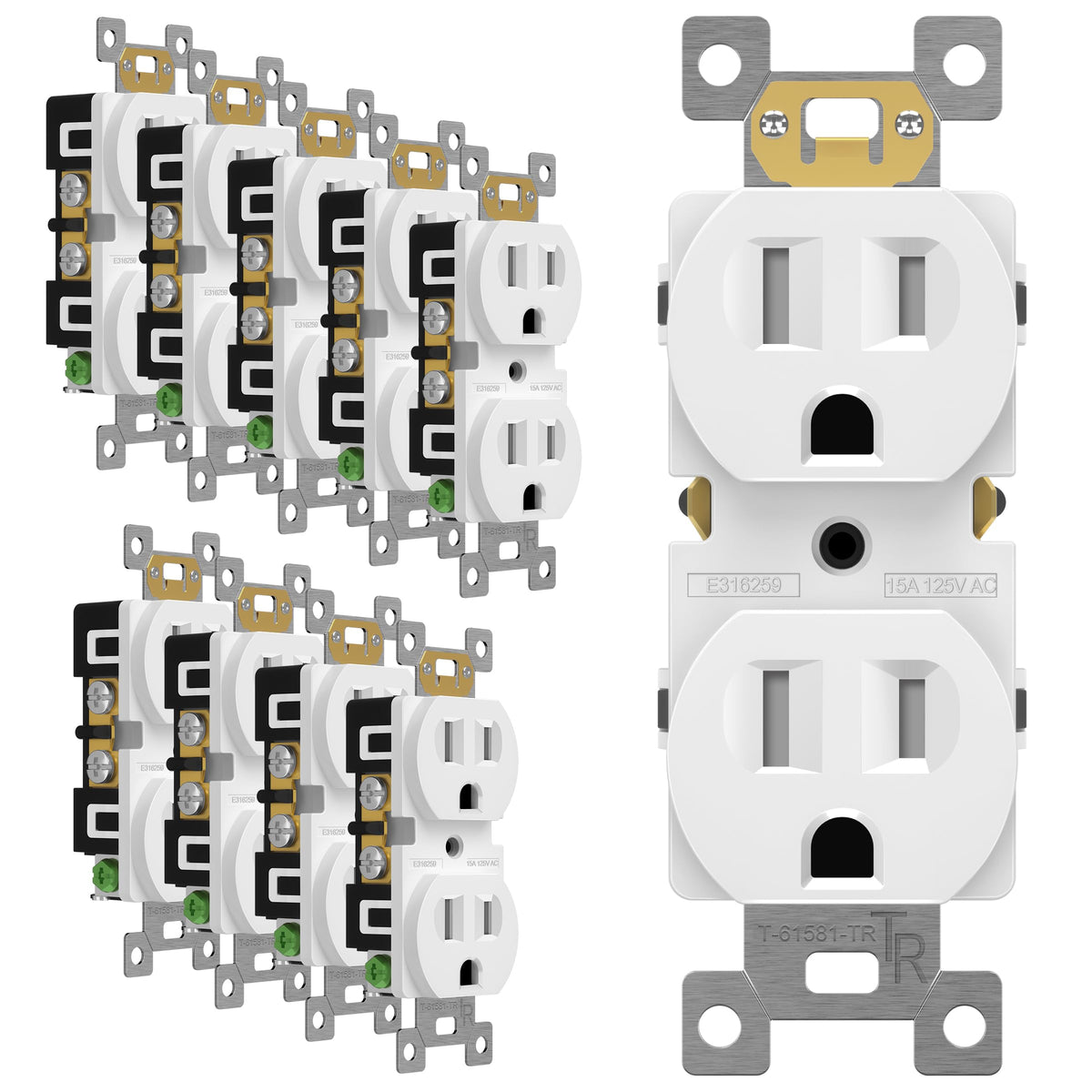ENERLITES duplex outlet front view showing tamper-resistant safety design
